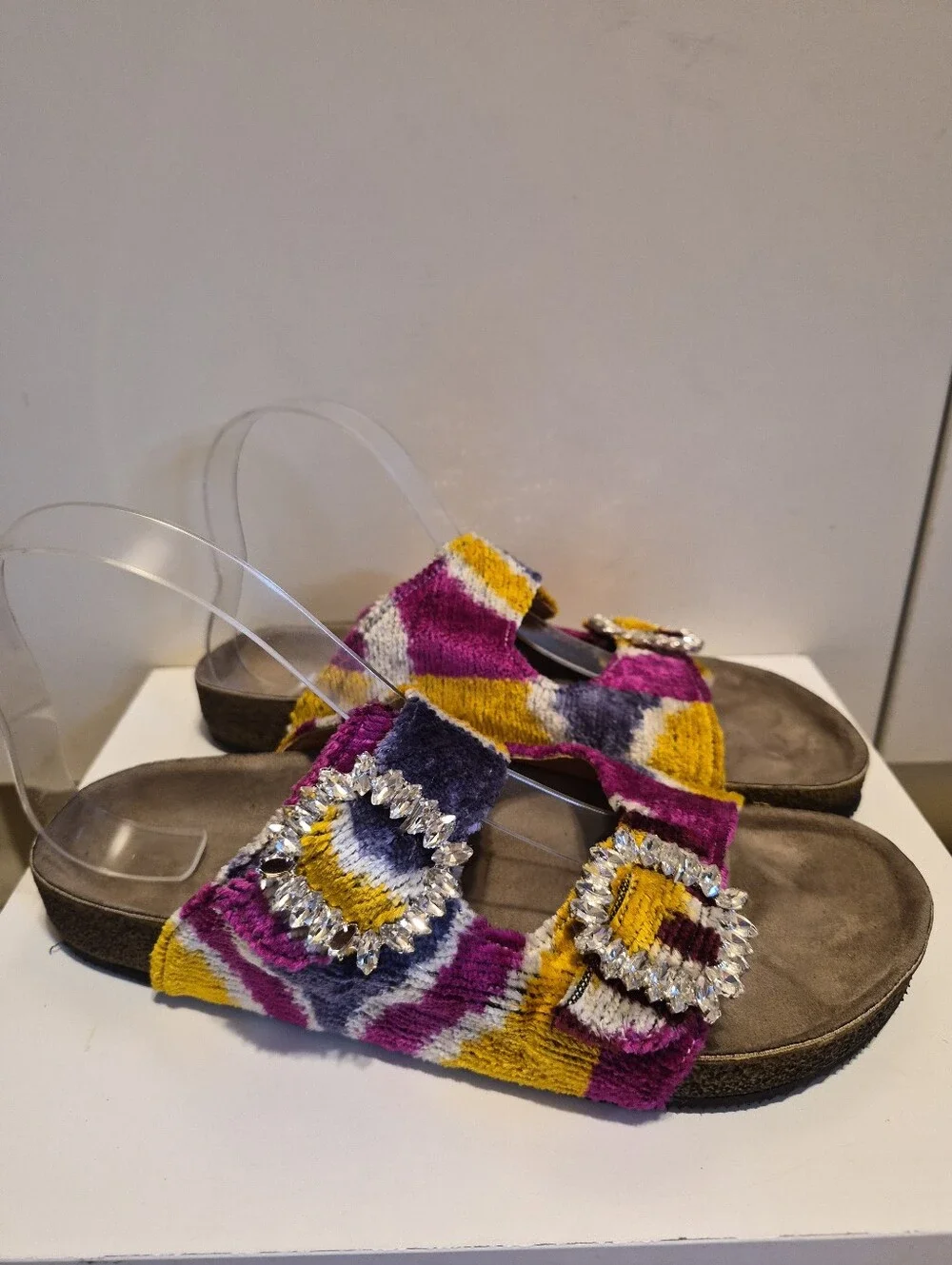 Baldiz Silk Velvet Ikat Double Rhinestone Buckle Slide SandalsSz.7/ EU 37 $245